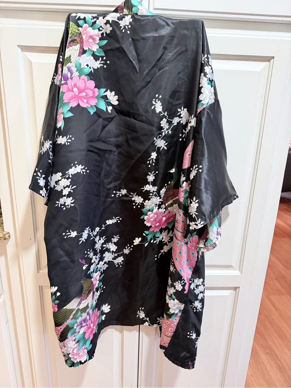Satin Floral & Peacock Kimono Robe in Black and Pink